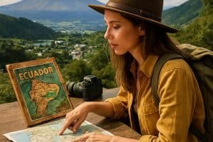 Una mujer joven, de piel clara y cabello castaño claro, está sentada en una mesa de madera rústica con vista a un impresionante paisaje ecuatoriano. Lleva un sombrero de ala ancha color marrón y una camisa mostaza, con una mochila verde oliva en la espalda. Está concentrada observando un mapa desplegado de Ecuador, señalando una ruta con el dedo.