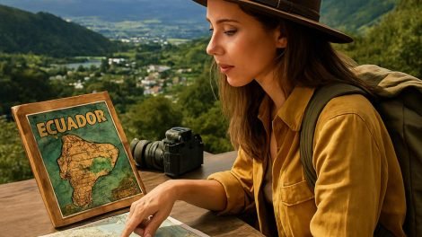 Una mujer joven, de piel clara y cabello castaño claro, está sentada en una mesa de madera rústica con vista a un impresionante paisaje ecuatoriano. Lleva un sombrero de ala ancha color marrón y una camisa mostaza, con una mochila verde oliva en la espalda. Está concentrada observando un mapa desplegado de Ecuador, señalando una ruta con el dedo.
